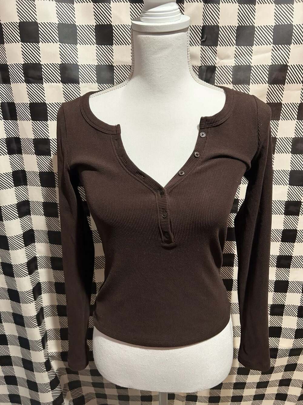 Hollister Brown Ribbed Long Sleeve Henley Top Size Small